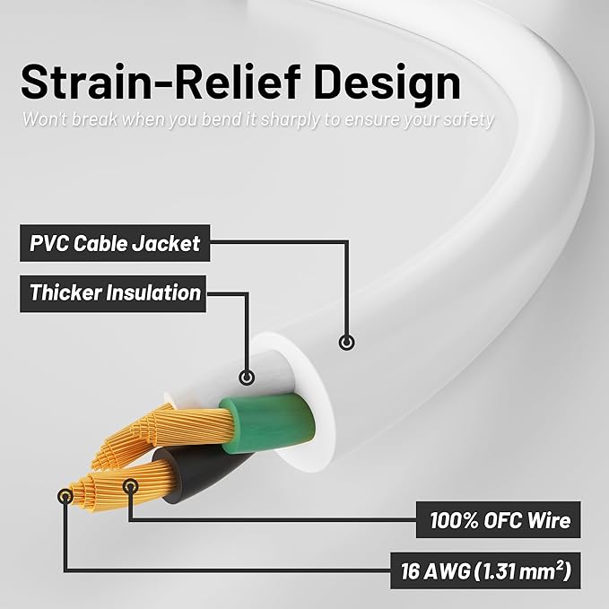 10 Ft 13A 1625W 16AWG White Indoor Outdoor Extension Cord Waterproof, Extension Cord with 3 Prong Grounded Plug, Flexible Weatherproof Power Cable, SJTW
