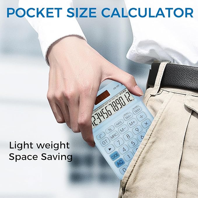 Pocket Small Size Desk Calculator, 12 Digit Large LCD Display, Basic Tax