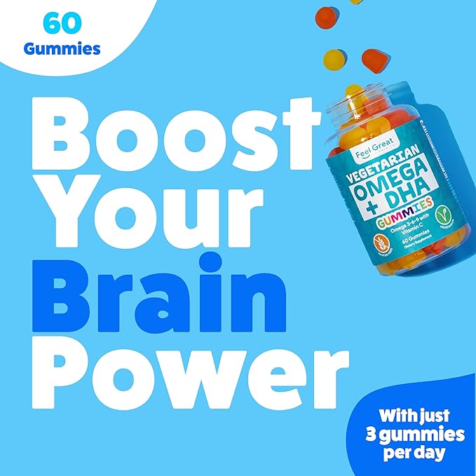 DHA & Omega Gummies for Adults by Feel Great Vitamin Co. | Vegetarian | Vitamin C, Chia, and Omega 3 6 9, Supports Brain, Immune, Prenatal Functions, (60 Count)