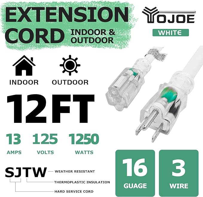 YOJOE Indoor Outdoor Extension Cord with Lighted End, 3 Prong 13A Weatherproof Power Cord, 16 Gauge Heavy Duty 12 ft White Extension Cord for Garage, Garden and Home, 16/3 SJTW UL Listed