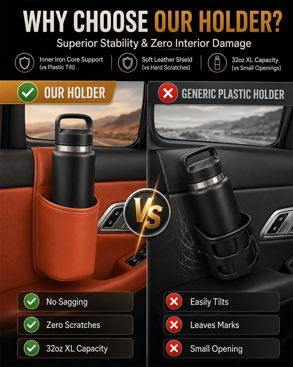 Leather Car Door Cup Holder Clip on Extra Large Drink Organizer 2 Pack