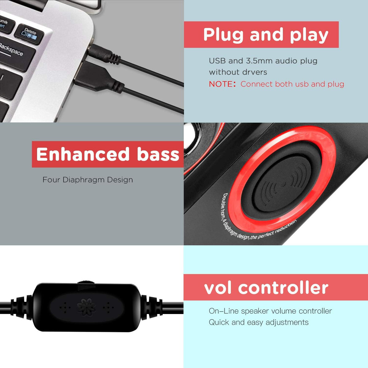 Reccazr SP2040 Computer Speakers - 2.0 CH USB Wired with Deep Bass for Desktop & Laptops | Red
