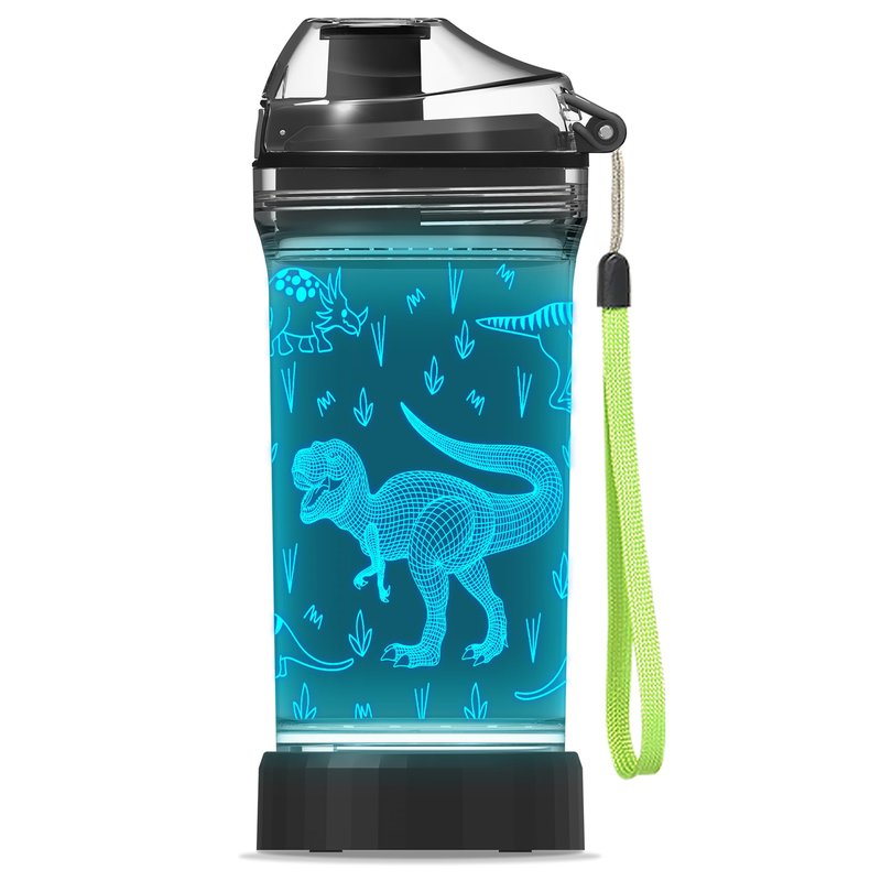 YuanDian Dinosaur Water Bottle, Light Up Boy Drinking Cups with 3D Dinosaur Night Light- 14 OZ Tritan BPA Free Eco-Friendly - Cool Jurassic Merchandise Gift for School Kids Boy Girl