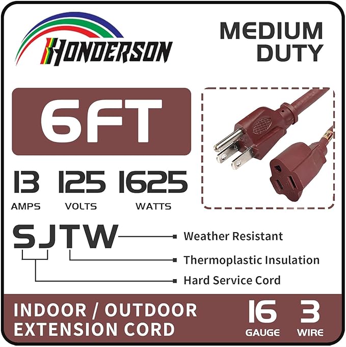 6FT Brown Outdoor Extension Cord-16/3 SJTW Durable Extension Cord for Christmas Lights with 3 Prong Grounded Plug, Great for Outside Christmas Decorations