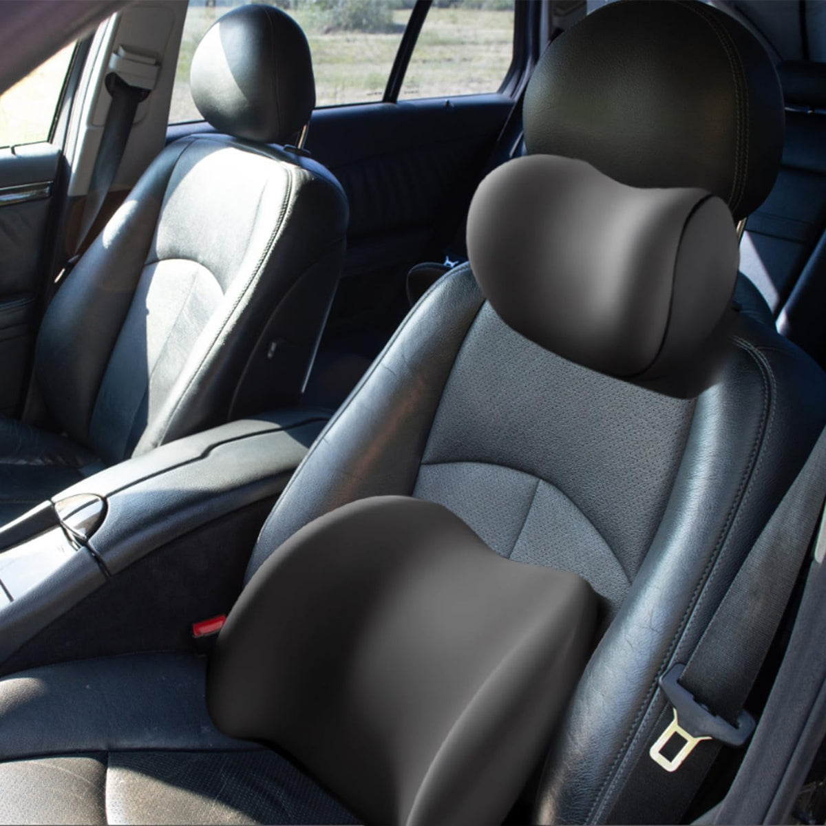 Car Headrest & Lumbar Support Cushion, 2025 New Ergonomic Comfort Memory Foam Car Seat Headrest & Head Neck Back Rest and Cushion Lumbar Support Pillow Cushion Set for Car Driver Driving Seat (Black)