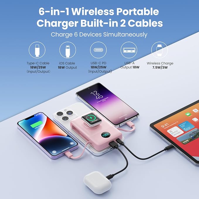 Magnetic Portable Charger for MagSafe with Built-in Cable,iWatch Charger,10800mAh Wireless Power Bank Travel Essentials,25W PD Fast Charging Battery Pack for iPhone 17/16/15/14/13/12,Apple Watch-Pink