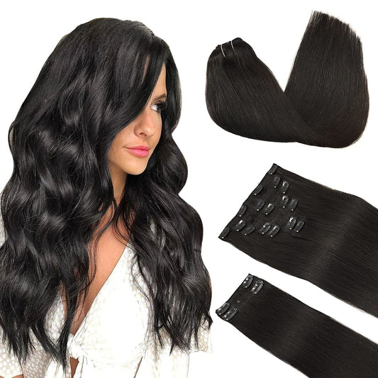 Doores Hair Extensions Clip In Human Hair, Natural Black 150G 9Pcs 20 Inch, Clip In Human Hair Extensions Real Clip In Natural H