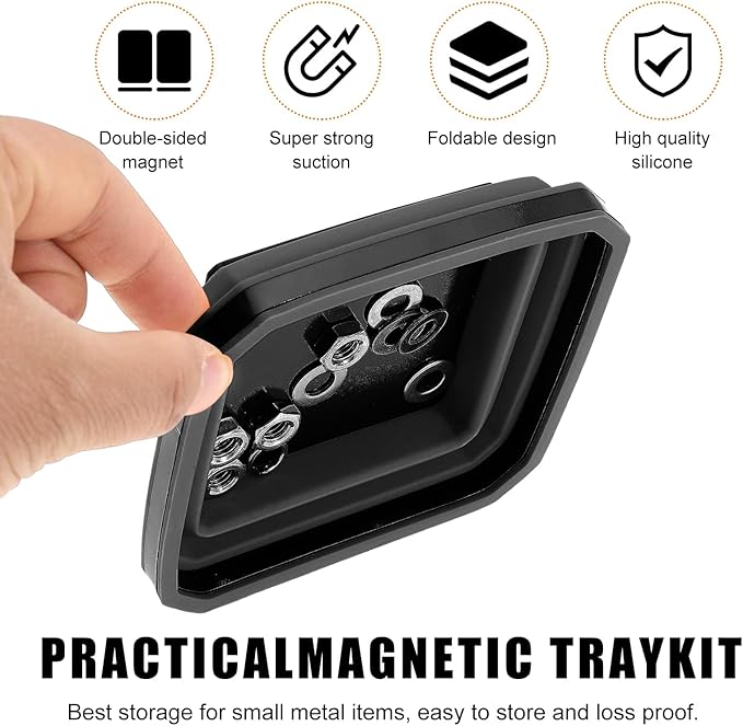 Collapsible Magnetic Parts Tray, 4.5 Inch Foldable Magnetic Square Silicone Tray, Tool Tray Set with Double-Sided Magnetic Base for Screw Bolts Nuts Pins, Car Accessories (Black, 1 PCS)