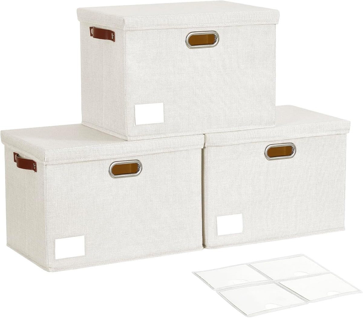17" Large Collapsible Storage Bins with Lids, Stackable Closet Organizers with PU Handle and Labels, 3-Pack Decorative Fabric Storage Boxes for Home, Bedroom, Closet, Office, Nursery(White)