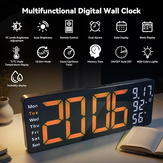 Digital Wall Clock Large Display, 17.3" Digital Clock