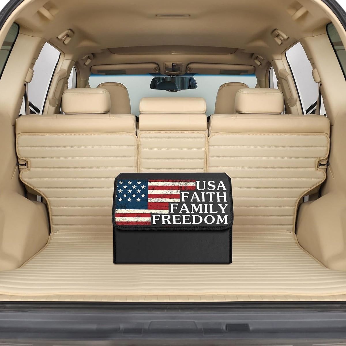 Car Trunk Organizer with Lid, Vintage American Flag USA Print Collapsible Storage Box, Waterproof PU Leather Car Cargo Storage Bin with Handle, Auto Interior Accessories for SUV Truck Vehicle