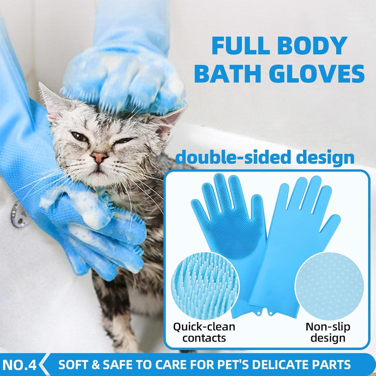 Skiennix Bath Grooming Kit - 6-in-1 Slicker Brush, Towel & Scrubber Gloves for Shedding Dogs & Cats | Blue