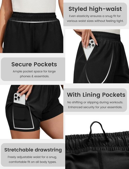 FireSwan Athletic Shorts for Women - 2 in 1 High Waisted Quick-Dry Workout Shorts with Pockets