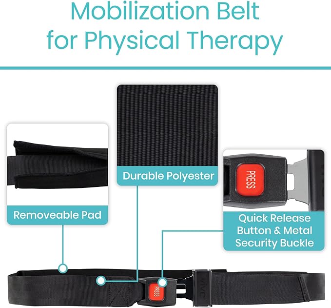 Vive Mobilization Belt for Physical Therapy with Buckle - Manual Traction Stretching Band - PT Traction Strap Belt for Stretching, Mobility, Massages & Exercise (Black)