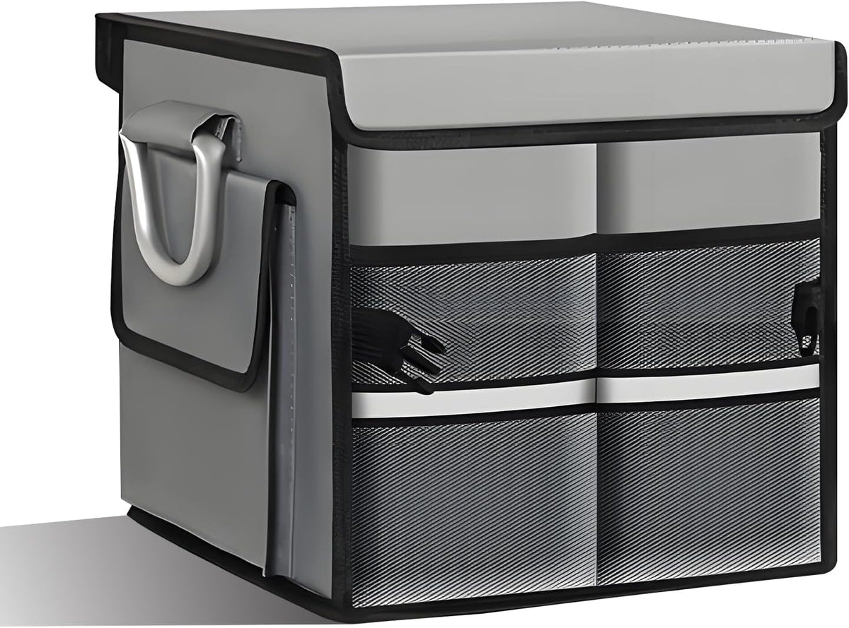 Car Trunk Organizer with Lid, 28L 2-Compartment Collapsible Trunk Cargo Storage Box, Waterproof Oxford Vehicle Backseat Storage Organizer with Base Plate & Metal Handle, Car Accessories (Black)