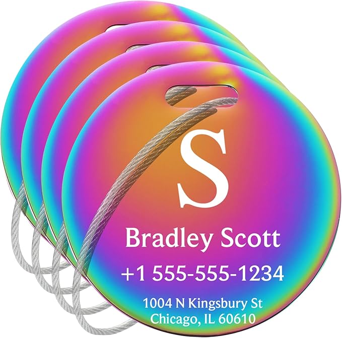 Stainless Luggage Tags for Suitcases 4 Pack: Metal Personalized Luggage Tags for Backpacks & Bags with Customizable Texts (Rainbow)