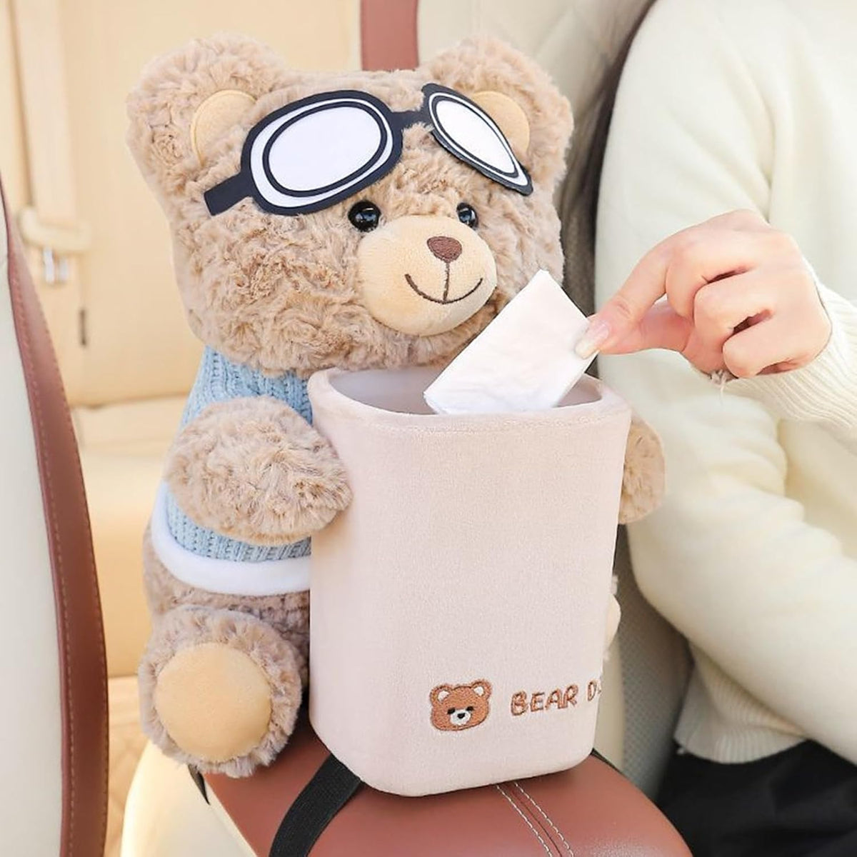 Cute Bear Plush Car Tissue Holder and Trash Can, 2-in-1 Cartoon Bear Car Tissue Box Design with Aviator Goggles, Waterproof, Beige, 25x22x28cm