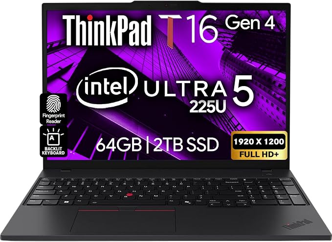 Lenovo ThinkPad T16 Gen 4 Business Laptop 16 FHD+ Display, Intel Ultra 5-225U (Beats i7-1355U), 64GB DDR5 RAM, 2TB SSD, 5MB Webcam, Fingerprint, Backlit KB, WiFi 6E, RJ-45, Win 11 Pro