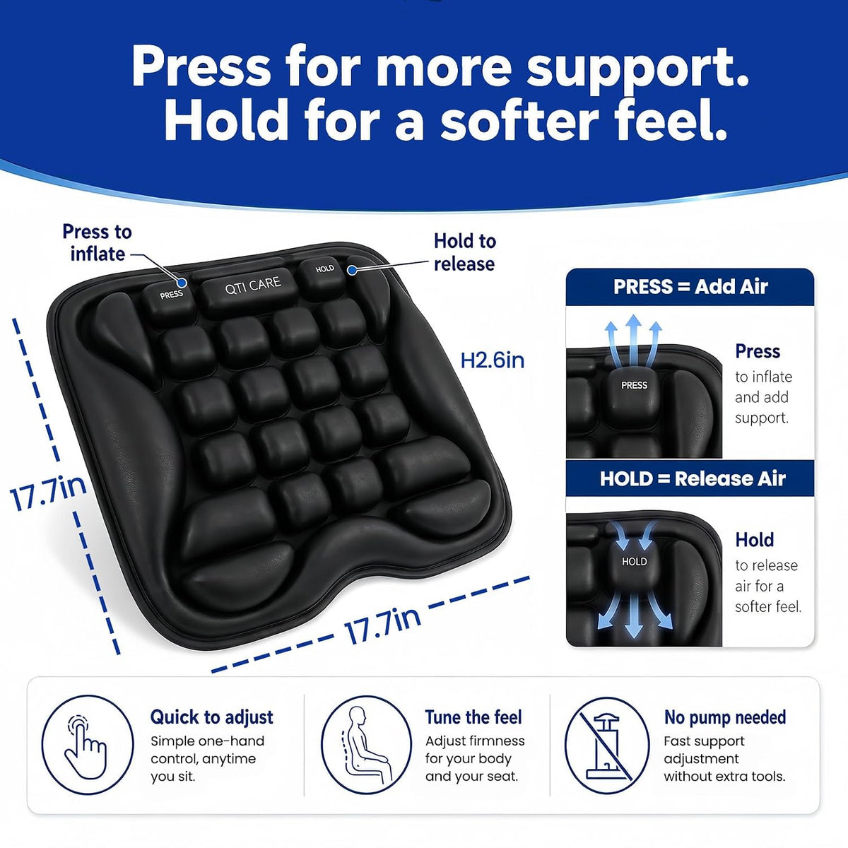 Airplane Seat Cushion, Air-Cell Travel Cushion for Long Flights, Inflatable Portable Seat Pad with Built-in Pump for Air Travel, Car, Office Chair and Wheelchair