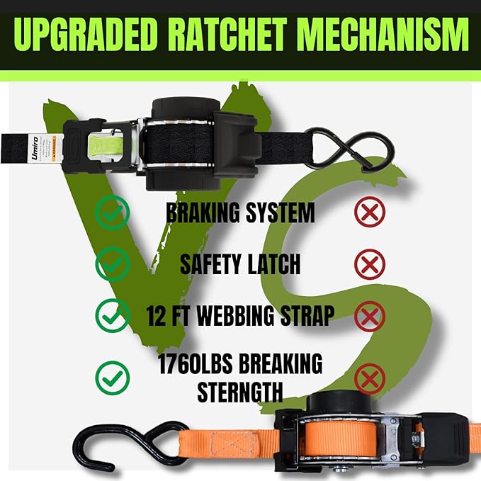 Retractable Ratchet Straps 1 Inch x 12 Feet Heavy Duty Tie Downs Auto Retract Ratchet Strap 1760lb Break Strength Self Retracting for Truck,Cargo,Trailer,Motorcycle,ATV,UTV (Black-Green,2 Pack)