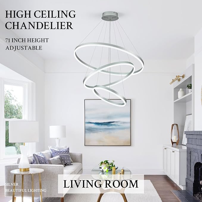 3-Rings Modern LED Chandelier Silver, Dimmable Pendant Lighting