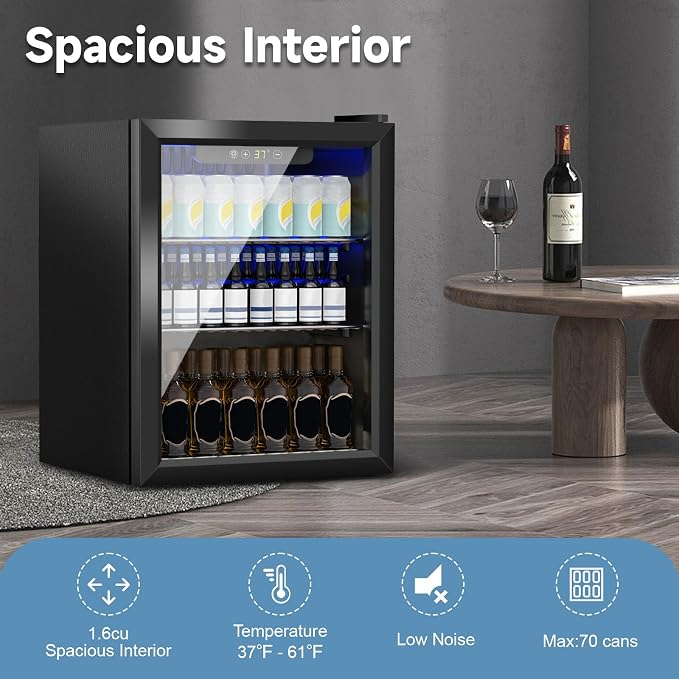Stopasd Compact Beverage Refrigerator, 1.6 Cu.Ft/70 Can Drink Fridge, with Glass Door, Adjustable Shelves & Digital Display, Quiet Undercounter Small Fridge for Home/Office/Bar/Garage, Black
