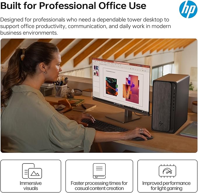 HP OmniDesk M02 Tower Desktop for Professionals, AMD Ryzen 7 8700G Performance for Productivity & Multitasking, 16GB DDR5 RAM, 512GB SSD, W11P, Wireless KB & M, Bundle with ADATA 64GB USB Flash Drive