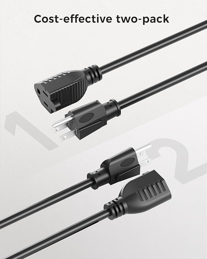 [ETL Listed] Cable Matters 2-Pack 16 AWG Heavy Duty 13A Short Power Extension Cord - 1ft, 3 Prong Power Cord Extension, NEMA 5-15P to NEMA 5-15R, Black