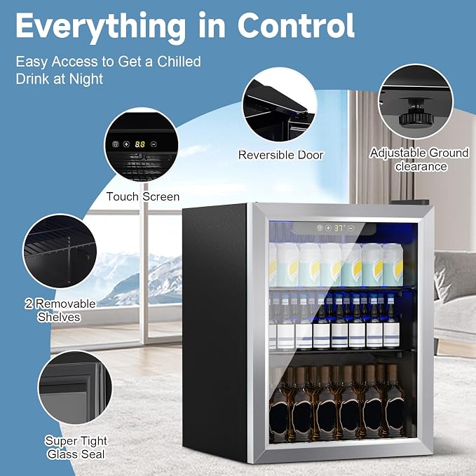DOGHLY 72 Cans/1.7 Cu.Ft Beverage Refrigerator Glass Door Mini Fridge | Fast Cooling Mini Cooler with Adjustable Shelves for Soda, Beer, Wine, Low Noise Beverage Fridge for Home, Office,and Dorm