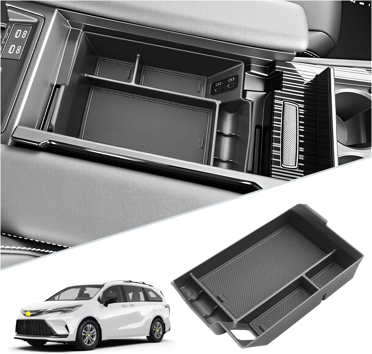 SKTU for 2025 2026 Toyota Sienna Accessories Center Console Organizer for 2021-2026 Toyota Sienna Console Tray 2026 Sienna ABS Console Organizer with Coin Holder (Not Fit Models with Refrigerator)