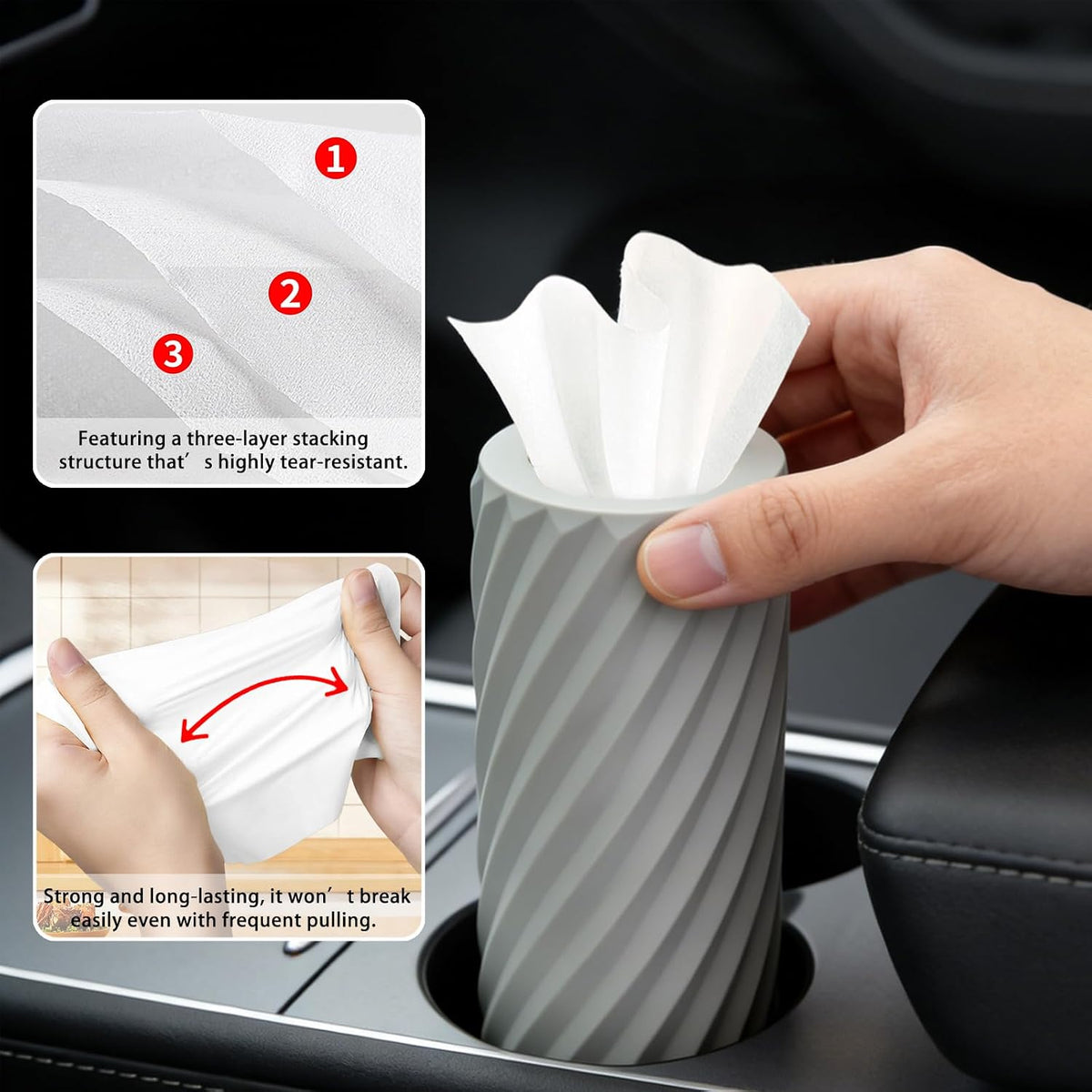 2-Pack Car Tissue Holder with 6 Tissue Refills, Reusable Plastic Auto Tissue Canister for Cup Holders Compact Travel Tissue Dispenser, Car Accessories for Cars, SUVs, Trucks.(2PACK-Black)