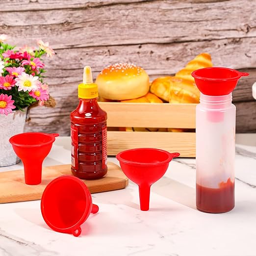 Silicone Funnels 4 Pieces Wide Mouth Funnel Small and Large Flexible Condiment Sauce Canning Set for Squeeze Bottles Jars Cans, Spice Filling Bottles Liquid Oil and Powder(Red)