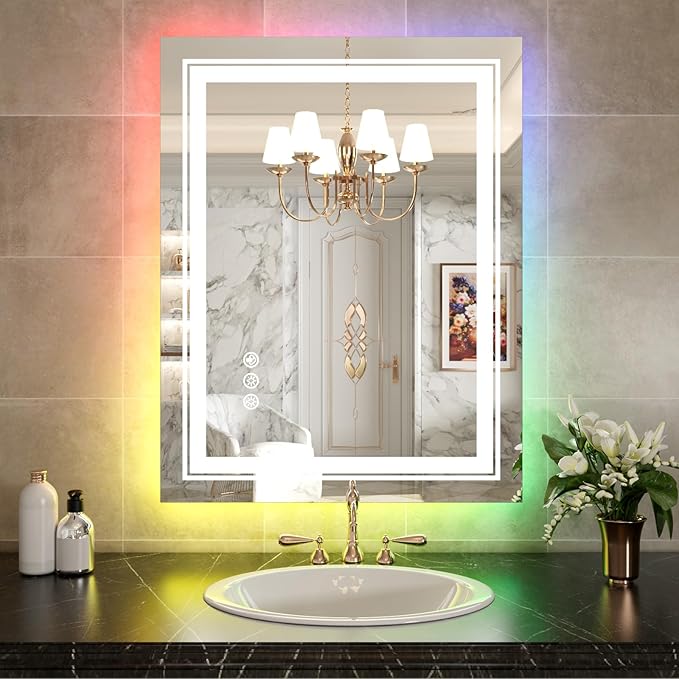 WTTY RGB LED Bathroom Mirror 30"x36" with Backlit and Front Light,Stepless Dimmable LED Mirror for Bathroom,Lighted Bathroom Vanity Mirror for Wall,Anti-Fog,Memory Function,Shatter-Proof