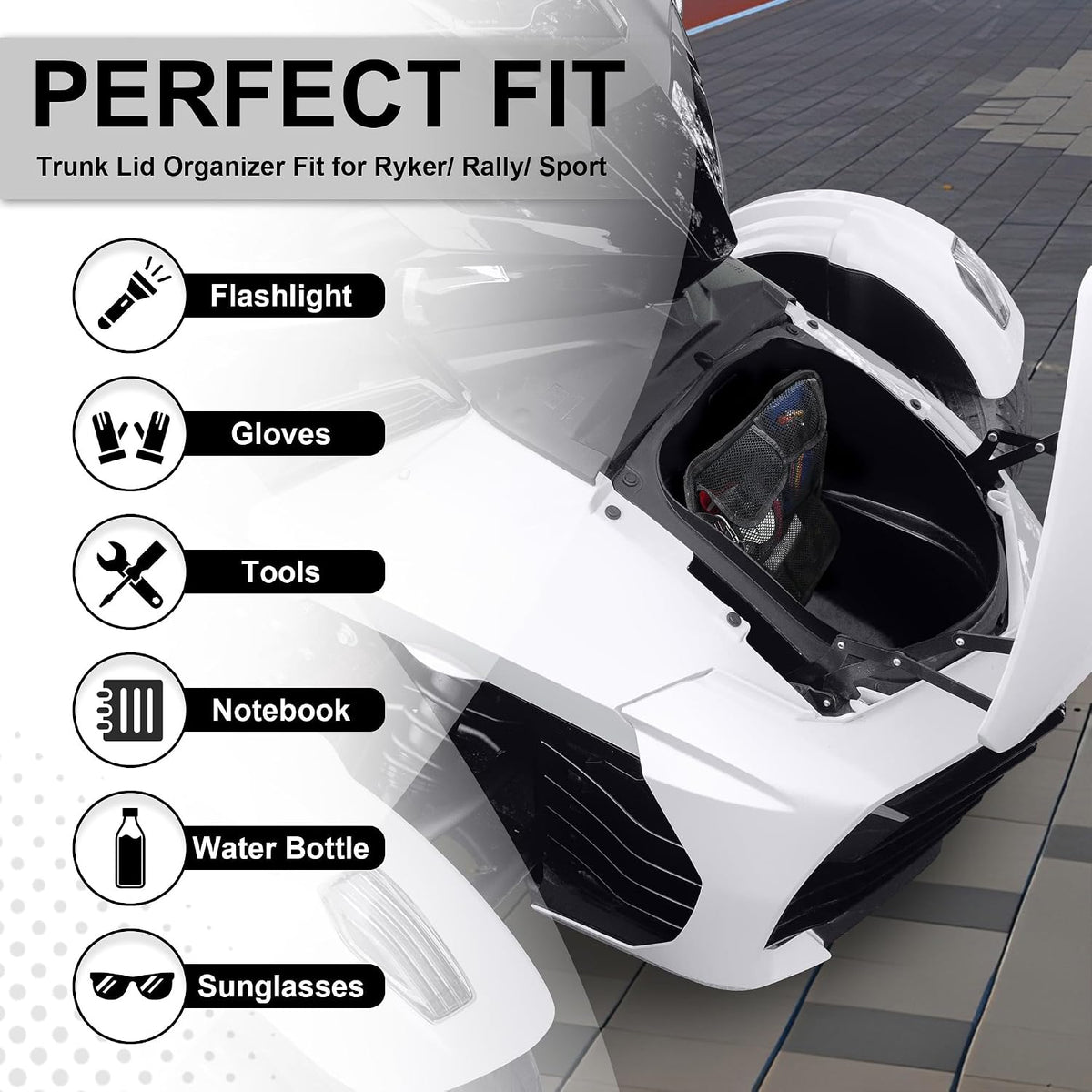 Side Trunk Lid Organizer Fit for Can Am Spyder F3 F3S F3T F3L 2015-2025 Removable 3 Mesh Pocket Luggage Saddle Bag (Black)