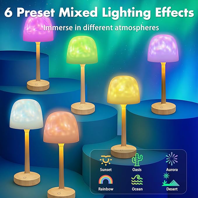 Waterproof Shower Lamp for Inside Shower, Rechargeable Bathroom Lamp with Remote & Touch Control, Cordless Shower Light with 16 Color Changeable, LED Ocean Wave Projector Light for Bedroom, Wood Grain