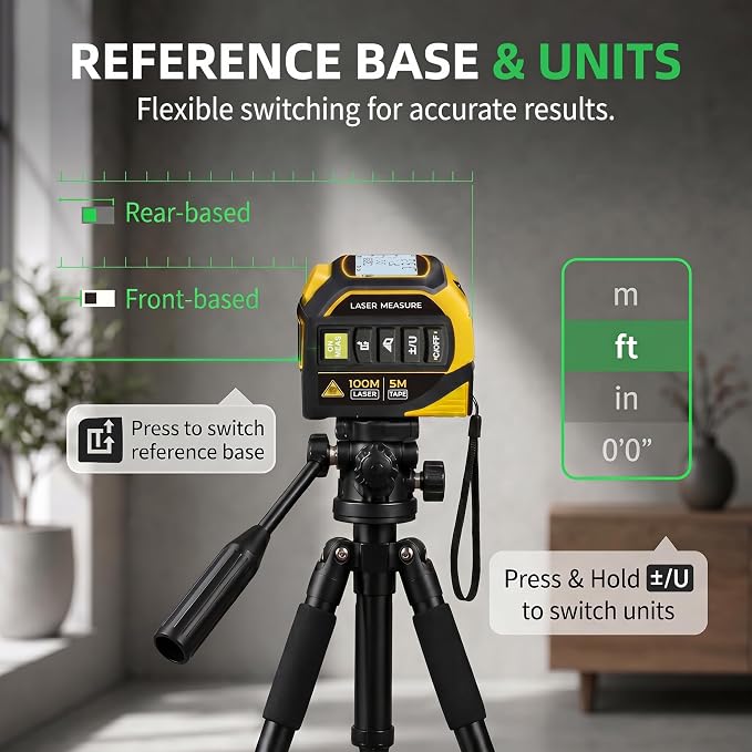 4-in-1 Digital Green Laser Tape Measure, 16FT Tape, 328FT Distance Meter | 33FT