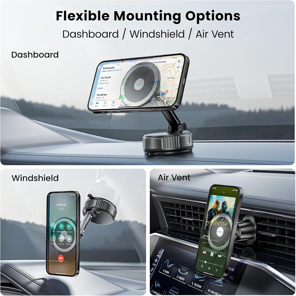 2-in-1 Strong Magnetic Suction Cup Car Phone Holder with Air Vent Hook, Rotatable Hands-Free Phone Mount for Dashboard and Windshield for Navigation, Compatible with iPhone & Android Phones