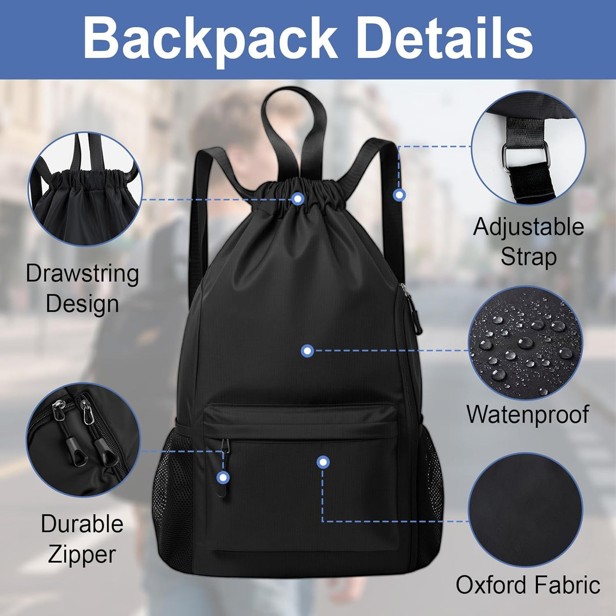 Skiennix Black Basketball Drawstring Backpack - Extra-Large Waterproof Gym Bag with Mesh Pocket for Men & Women