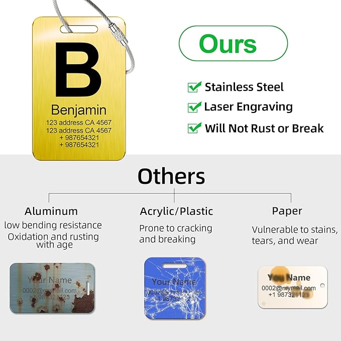 Customized Stainless Steel Luggage Tags: Personalize Your Suitcases, Backpacks, and Bags with Your Text - Custom Initial Text Name ID,Number 2"x3.3"(3 Pack)