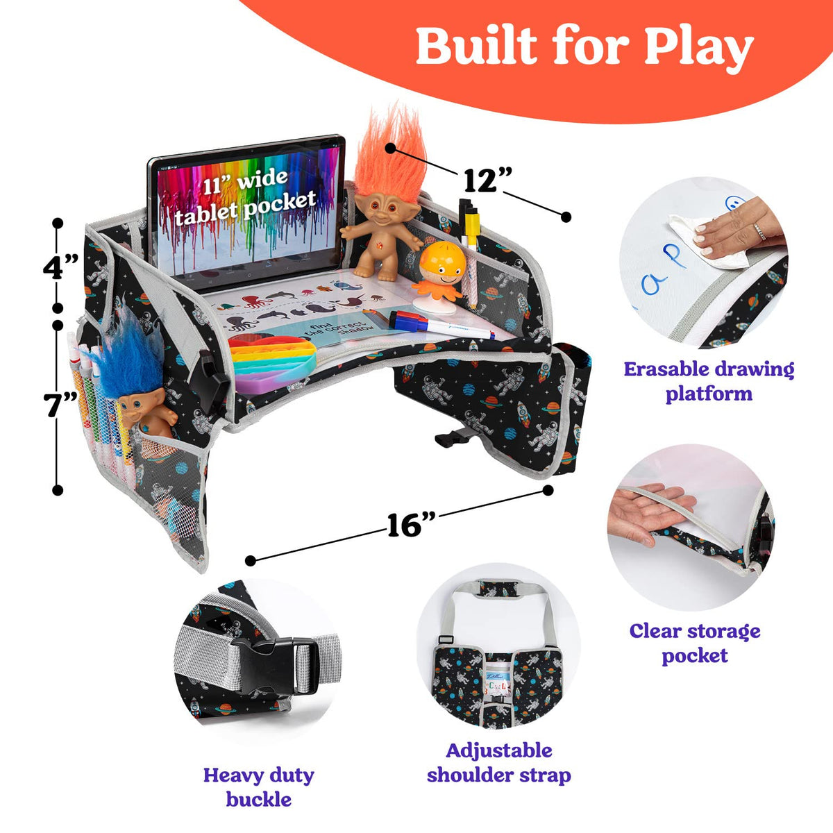 PILLANI Kids Travel Tray for Car - Car Seat Tray for Toddler, Roadtrip Essentials, Carseat Table Tray for Kids Road Trip Activities - Toddler Lap Desk Organizer for Airplane w/Dry Erase Surface