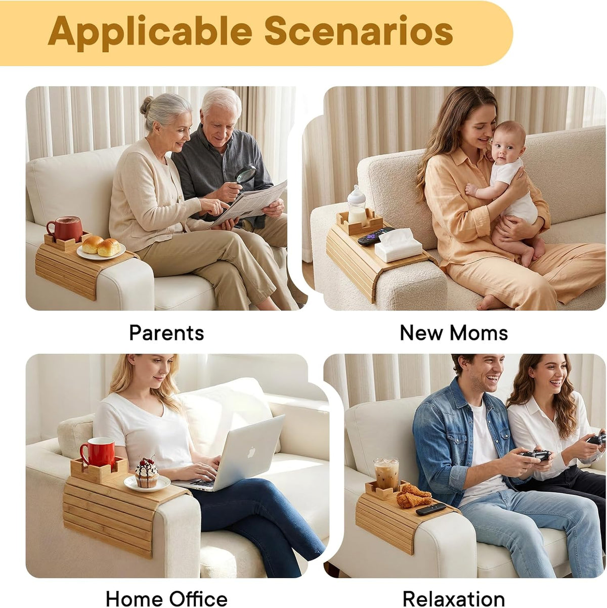 Bamboo Couch Cup Holder & Armrest Tray - Extend Your Comfort with a Secure Drink Slot and Snack Space for Recliner, Loveseat, or Sofa (Extra Large)