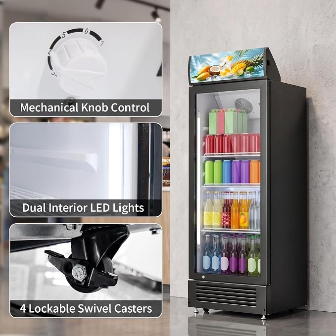 6 Cu.Ft Commercial Beverage Refrigerator with Glass Door | Merchandiser Display Fridge with LED Light, 7 Temp Control, 4 Lockable Casters for Retail Store Bar, Shops, Restaurants