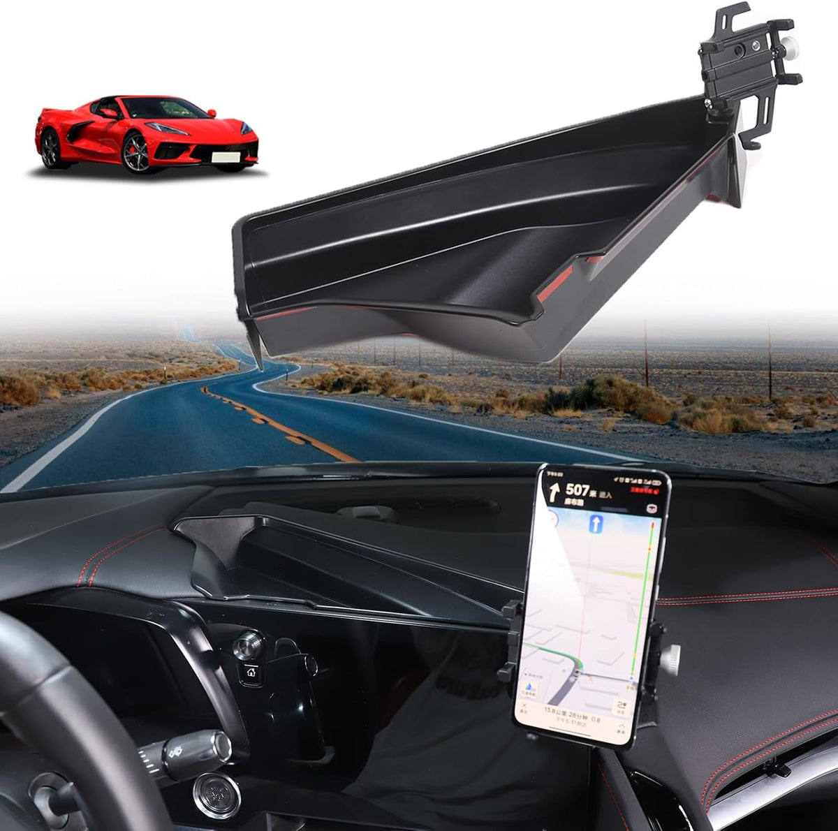 for Corvette C8 Center Console Tray Phone Holder Mount Organizer,360 Degree Rotatable Phone Holder Stand Navigation Screen Rear Storage Box Organizer Tray for Corvette C8 2020-2024 2025 (Style C)