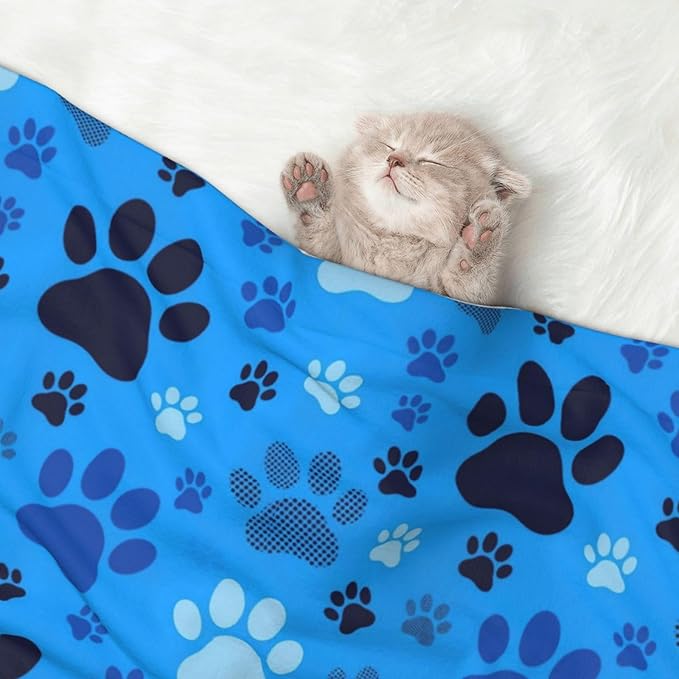 Double Sided Pet Throw for Dogs Who Shed, Blue Puppy Pug Dog Paw Print, Reversible Blanket with Nubby Dot Side Catches Loose Fur for Easier Furniture Cleanup