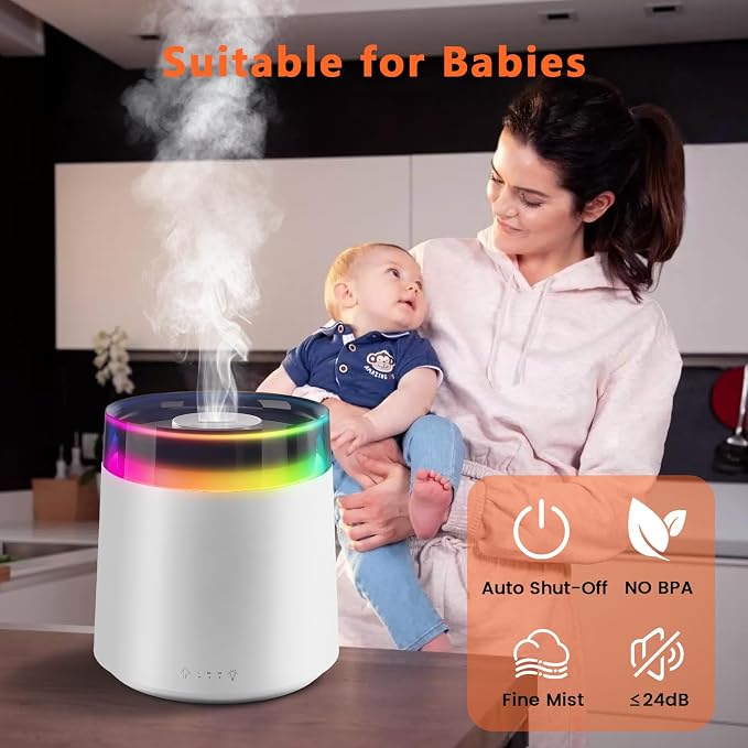 Humidifiers for Bedroom,3L Top Fill Cool Mist Humidifier for Baby Nursery,Essential Oil Diffuser for Large Room,3 in 1 Quiet Ultrasonic Humidifier for,Office,Plant,Nursery,BPA FREE (White)