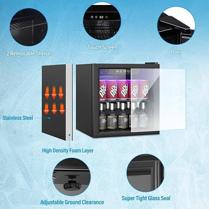 Erivess Mini Fridge 60 Can Beverage Refrigerator Cooler Glass Door for Soda | 1.3 Cu Ft Drink Fridge for Home/Bar/Office with LED Display, Digital Temperature Control, Removable Shelves for Wine, Black