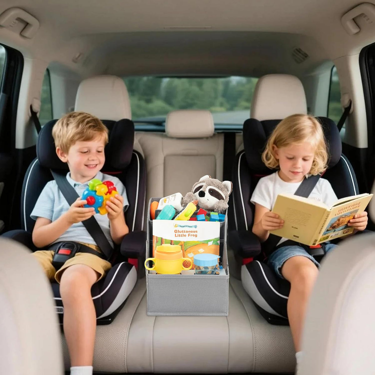 CROS 2 Pack Car Seat Organizer with Metal-Reinforced Cup Holders, 12 Storage Compartments Backseat Car Organizer, Travel Essentials for Kids Toys & Snacks, Non-Slip Seat Storage for SUV, Truck, Gray