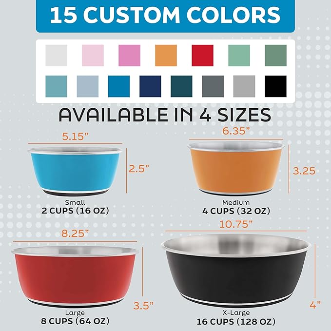 Master Pet Supply Stainless Steel Dog Bowls Set of 2 (16 Oz Each) with Non-Slip Rubber Base - Mango Tango - Basic Dog Food Bowl Water & Food Bowls for Small Medium Large Dogs & Cats, Metal Dish