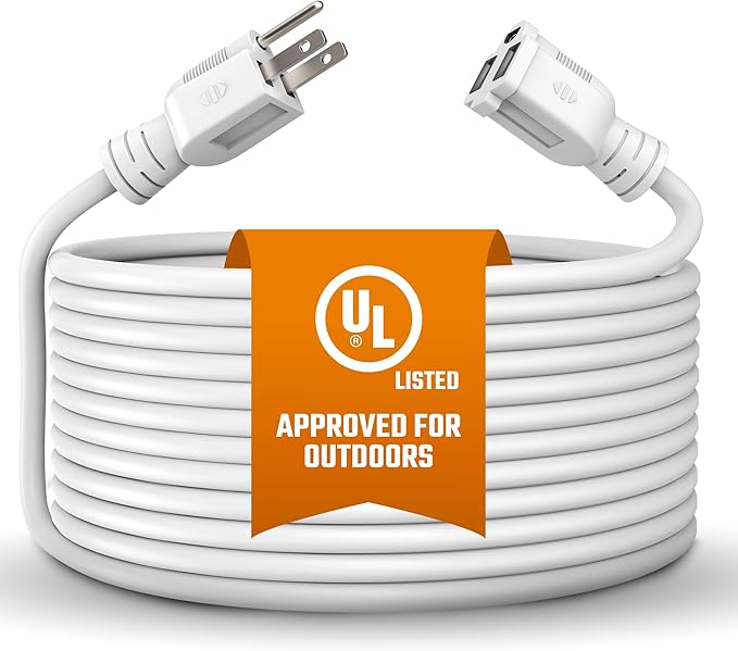 Heavy Duty Extension Cord/Wire Power Cable, Indoor/Outdoor, 16/3, Single Outlet, 25 Feet, UL Listed, White