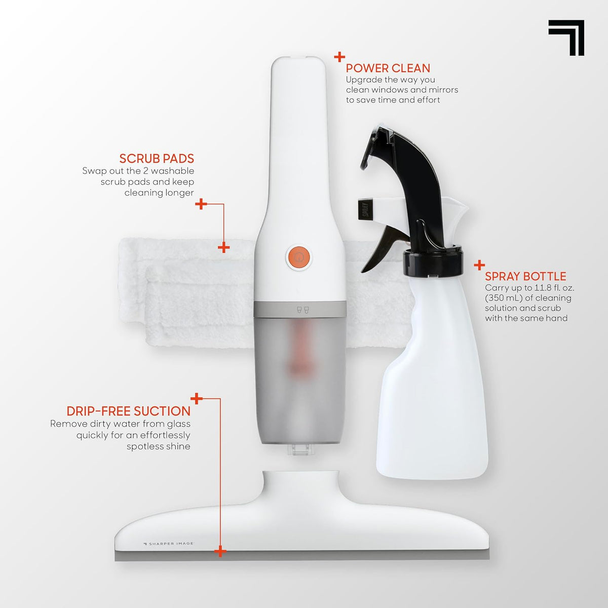 Sharper Image® 2-in-1 Window Vacuum Cleaner Kit – Cordless Squeegee, Spray Bottle, 11" Blade, 2 Washable Microfiber Pads| Cleaning Supplies Tool Set| Glass, Mirrors, Shower, Windows, Car Windshield